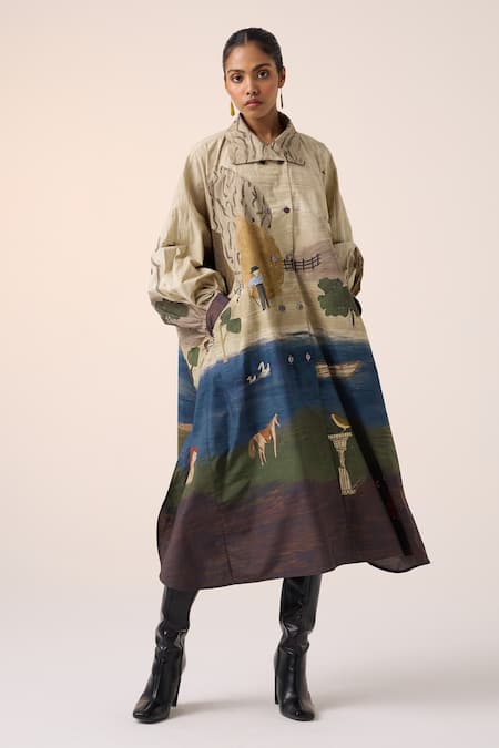 Buy_Cord_Multi Color Cotton Collared Multicolor Village Print Midi Dress _Online_at_Aza_Fashions