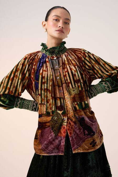 Cord Green Velvet Round Neck Home Alone Print Top And Skirt Set Online at Aza Fashions Cord_Green Velvet Round Neck Home Alone Print Top And Skirt Set _Online_at_Aza_Fashions