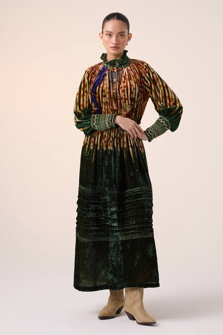 Shop Cord Green Velvet Round Neck Home Alone Print Top And Skirt Set Online at Aza Fashions Shop_Cord_Green Velvet Round Neck Home Alone Print Top And Skirt Set _Online_at_Aza_Fashions