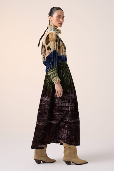 Shop Cord Purple Velvet Round , High Home Alone Print Top And Skirt Set at Aza Fashions Shop_Cord_Purple Velvet Round , High Home Alone Print Top And Skirt Set _at_Aza_Fashions