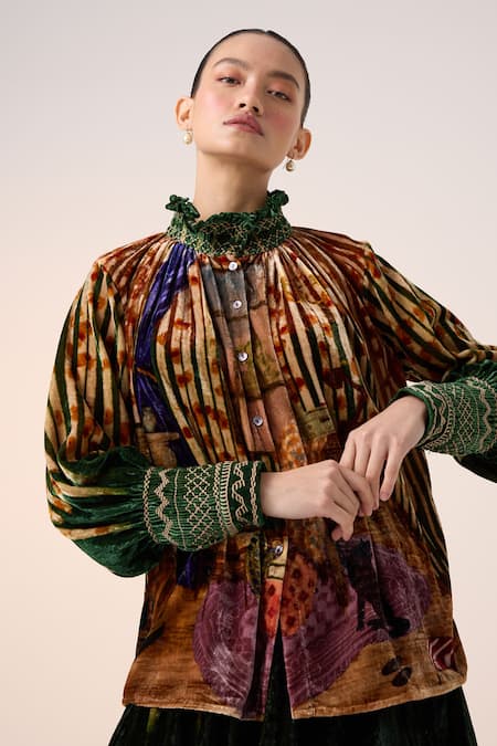 Cord_Brown Velvet Embroidery Round Neck Home Alone Print Top _Online_at_Aza_Fashions