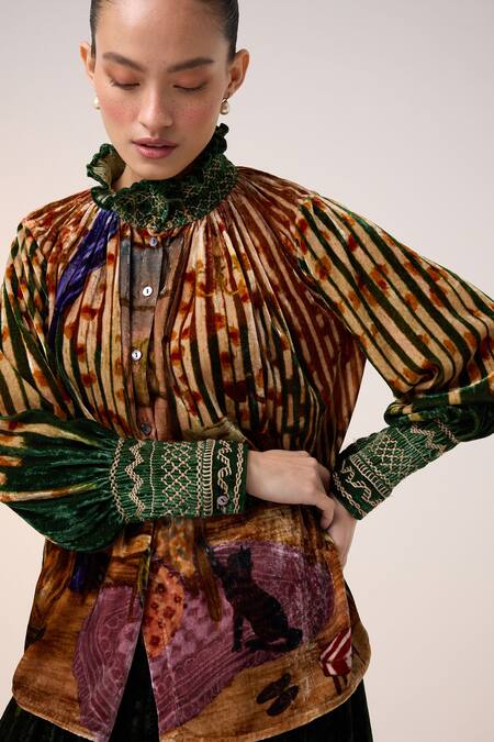 Buy_Cord_Brown Velvet Embroidery Round Neck Home Alone Print Top _Online_at_Aza_Fashions