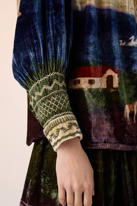 Cord_Multi Color Velvet Embroidery Round Neck Multicolor Printed Top _Online_at_Aza_Fashions