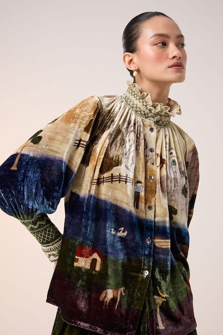 Shop_Cord_Multi Color Velvet Embroidery Round Neck Multicolor Printed Top _Online_at_Aza_Fashions