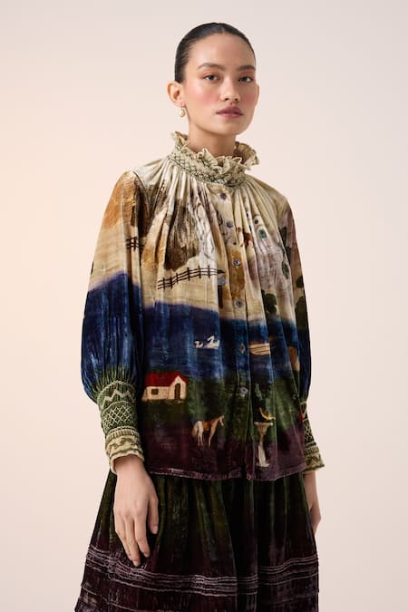 Cord_Multi Color Velvet Embroidery Round Neck Multicolor Printed Top _at_Aza_Fashions