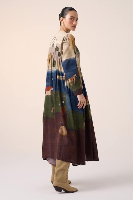 Shop_Cord_Multi Color Cotton Round Neck Frida Multicolor Village Print Midi Dress _at_Aza_Fashions