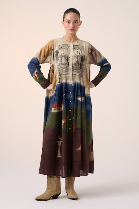 Cord_Multi Color Cotton Round Neck Frida Multicolor Village Print Midi Dress _Online_at_Aza_Fashions