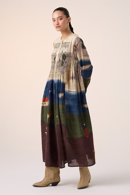 Buy_Cord_Multi Color Cotton Round Neck Frida Multicolor Village Print Midi Dress _Online_at_Aza_Fashions