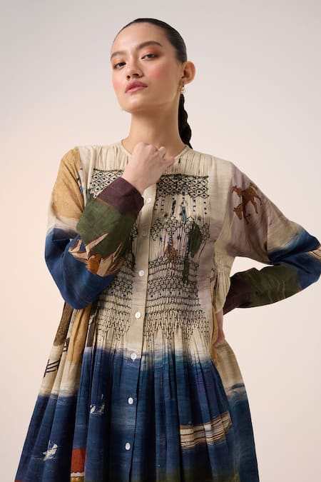 Shop_Cord_Multi Color Cotton Round Neck Frida Multicolor Village Print Midi Dress _Online_at_Aza_Fashions