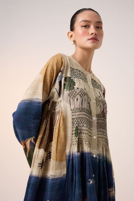 Cord_Multi Color Cotton Round Neck Frida Multicolor Village Print Midi Dress _at_Aza_Fashions