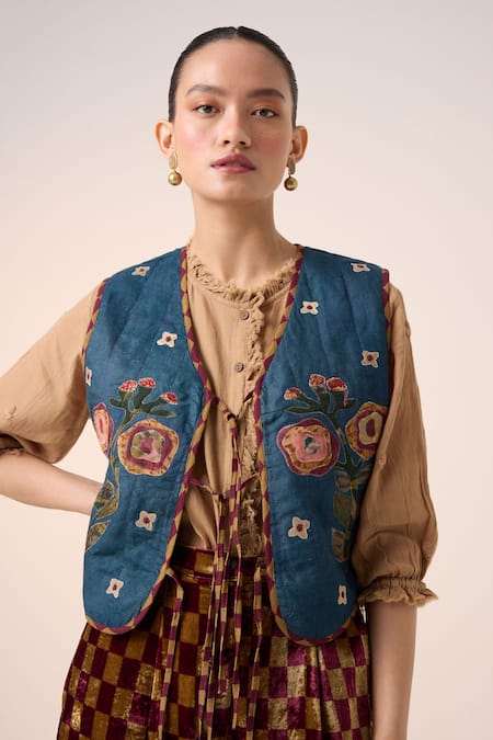 Shop Cord Blue Linen Embroidery V-neck Floral Applique Gillet Jacket at Aza Fashions Shop_Cord_Blue Linen Embroidery V-neck Floral Applique Gillet Jacket _at_Aza_Fashions