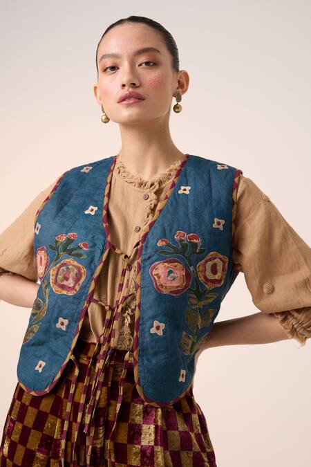Cord Blue Linen Embroidery V-neck Floral Applique Gillet Jacket Online at Aza Fashions Cord_Blue Linen Embroidery V-neck Floral Applique Gillet Jacket _Online_at_Aza_Fashions