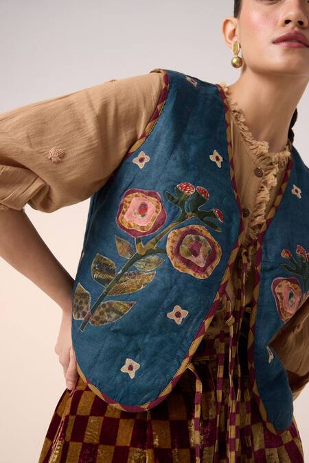 Buy Cord Blue Linen Embroidery V-neck Floral Applique Gillet Jacket Online at Aza Fashions Buy_Cord_Blue Linen Embroidery V-neck Floral Applique Gillet Jacket _Online_at_Aza_Fashions