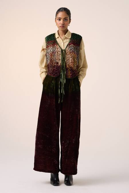 Cord_Multi Color Velvet Embroidery V-neck Floral Quilted Gillet Jacket _Online_at_Aza_Fashions