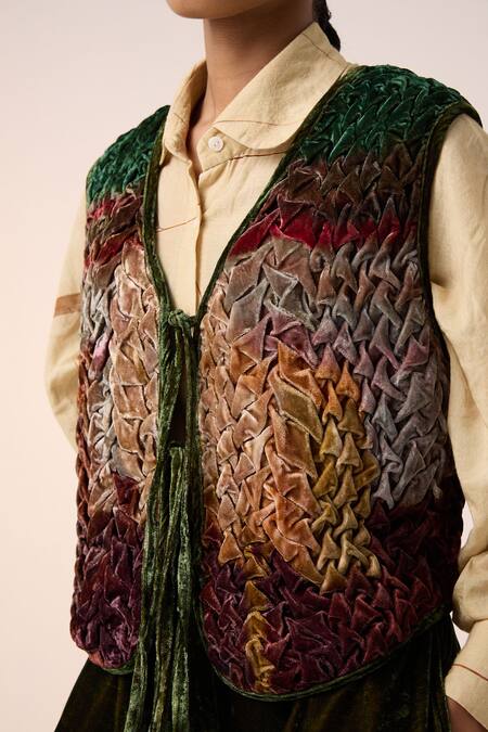 Shop_Cord_Multi Color Velvet Embroidery V-neck Floral Quilted Gillet Jacket _Online_at_Aza_Fashions