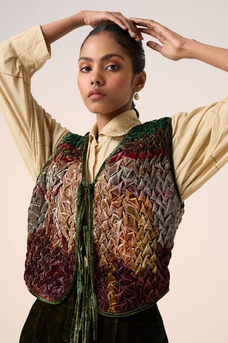 Cord_Multi Color Velvet Embroidery V-neck Floral Quilted Gillet Jacket _at_Aza_Fashions