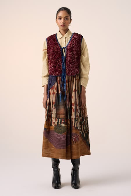 Shop_Cord_Red Velvet Embroidery V-neck Floral Quilted Jacket _at_Aza_Fashions