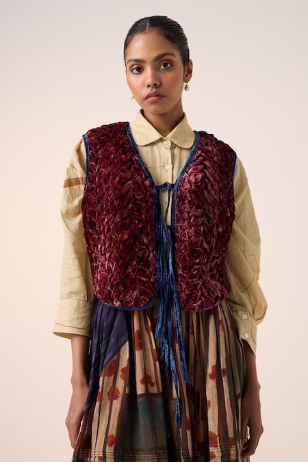 Cord_Red Velvet Embroidery V-neck Floral Quilted Jacket _Online_at_Aza_Fashions