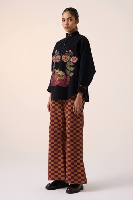 Cord Black Corduroy Applique High Neck Floral Cat Shacket Online at Aza Fashions Cord_Black Corduroy Applique High Neck Floral Cat Shacket _Online_at_Aza_Fashions