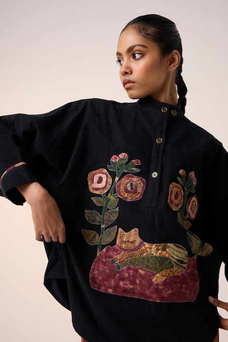 Buy Cord Black Corduroy Applique High Neck Floral Cat Shacket Online at Aza Fashions Buy_Cord_Black Corduroy Applique High Neck Floral Cat Shacket _Online_at_Aza_Fashions