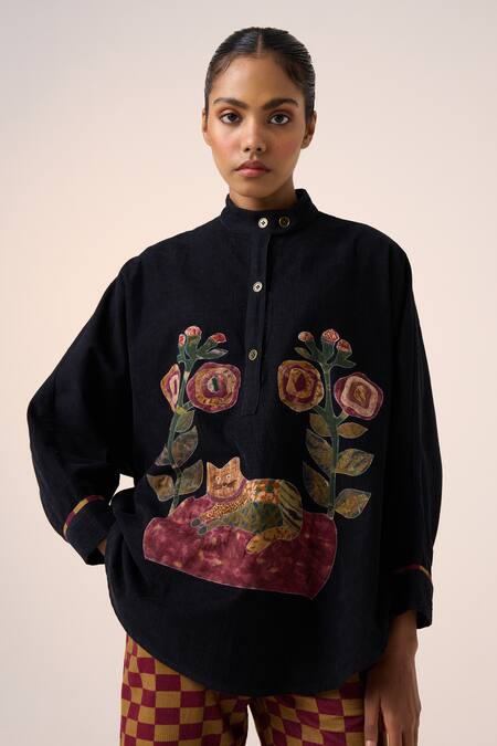 Shop Cord Black Corduroy Applique High Neck Floral Cat Shacket Online at Aza Fashions Shop_Cord_Black Corduroy Applique High Neck Floral Cat Shacket _Online_at_Aza_Fashions