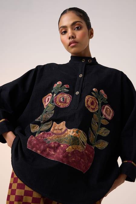 Cord Black Corduroy Applique High Neck Floral Cat Shacket at Aza Fashions Cord_Black Corduroy Applique High Neck Floral Cat Shacket _at_Aza_Fashions