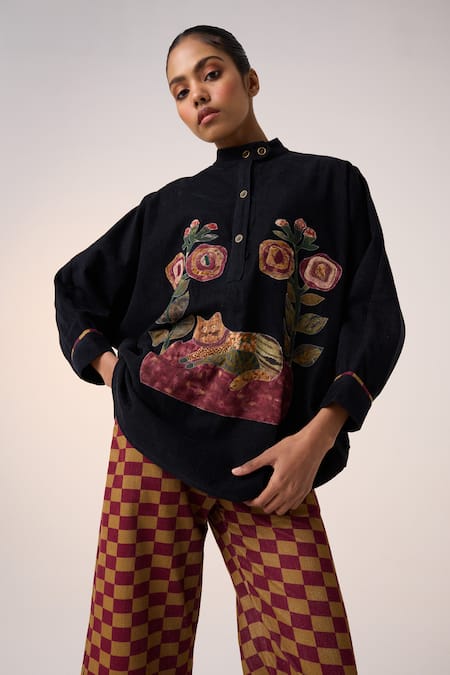 Buy Cord Black Corduroy Applique High Neck Floral Cat Shacket Buy_Cord_Black Corduroy Applique High Neck Floral Cat Shacket