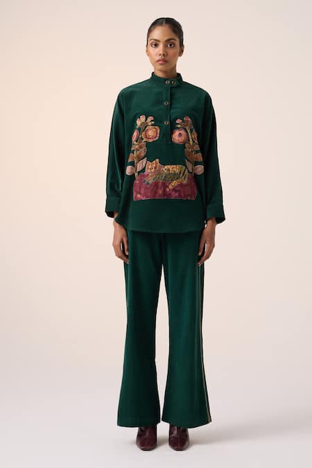 Shop Cord Green Corduroy Applique High Neck Floral Shacket at Aza Fashions Shop_Cord_Green Corduroy Applique High Neck Floral Shacket _at_Aza_Fashions