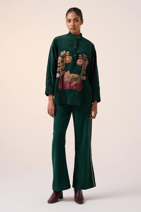 Cord Green Corduroy Applique High Neck Floral Shacket Online at Aza Fashions Cord_Green Corduroy Applique High Neck Floral Shacket _Online_at_Aza_Fashions