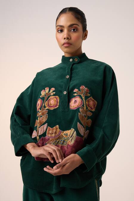 Buy Cord Green Corduroy Applique High Neck Floral Shacket Online at Aza Fashions Buy_Cord_Green Corduroy Applique High Neck Floral Shacket _Online_at_Aza_Fashions