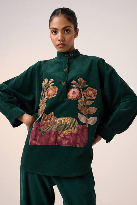 Shop Cord Green Corduroy Applique High Neck Floral Shacket Online at Aza Fashions Shop_Cord_Green Corduroy Applique High Neck Floral Shacket _Online_at_Aza_Fashions