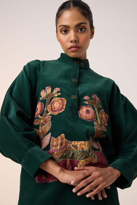 Cord Green Corduroy Applique High Neck Floral Shacket at Aza Fashions Cord_Green Corduroy Applique High Neck Floral Shacket _at_Aza_Fashions