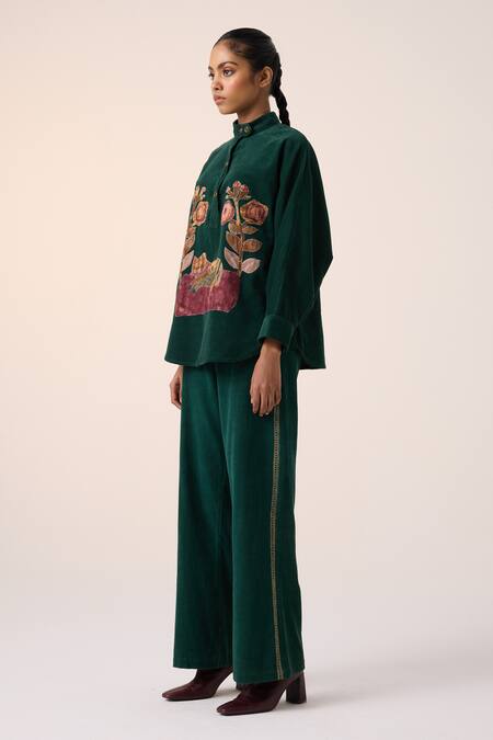 Shop Cord Green Corduroy Embroidery High Neck Floral Applique Shacket And Pant Set at Aza Fashions Shop_Cord_Green Corduroy Embroidery High Neck Floral Applique Shacket And Pant Set _at_Aza_Fashions