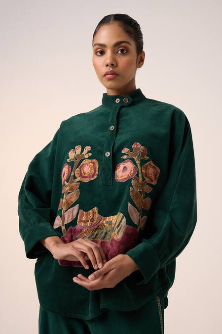 Cord Green Corduroy Embroidery High Neck Floral Applique Shacket And Pant Set Online at Aza Fashions Cord_Green Corduroy Embroidery High Neck Floral Applique Shacket And Pant Set _Online_at_Aza_Fashions