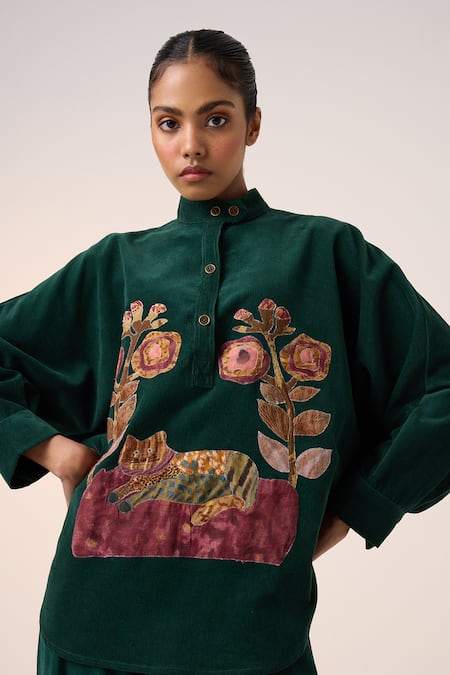 Buy Cord Green Corduroy Embroidery High Neck Floral Applique Shacket And Pant Set Online at Aza Fashions Buy_Cord_Green Corduroy Embroidery High Neck Floral Applique Shacket And Pant Set _Online_at_Aza_Fashions