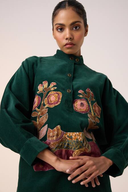 Shop Cord Green Corduroy Embroidery High Neck Floral Applique Shacket And Pant Set Online at Aza Fashions Shop_Cord_Green Corduroy Embroidery High Neck Floral Applique Shacket And Pant Set _Online_at_Aza_Fashions