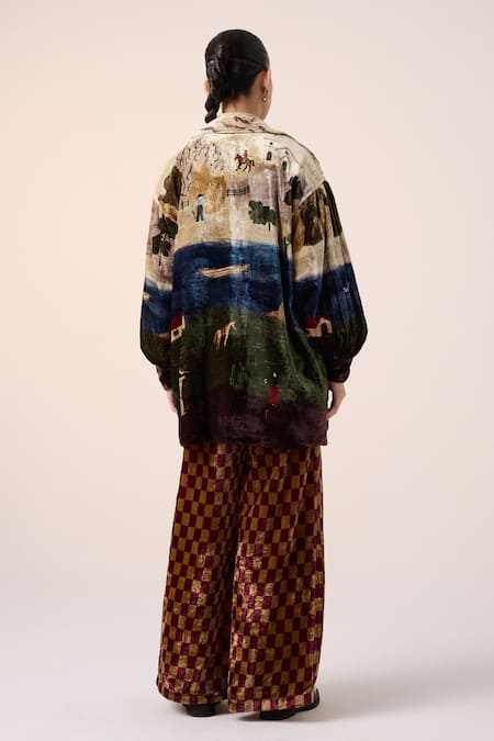 Shop_Cord_Multi Color Velvet Collared Village Print Jacket And Pant Set _at_Aza_Fashions