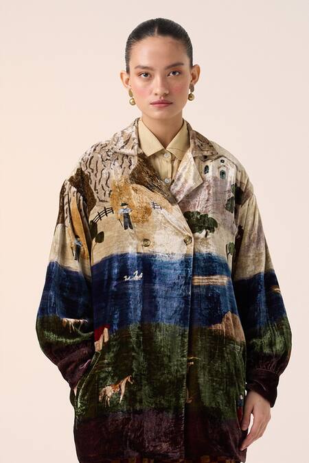 Cord_Multi Color Velvet Collared Village Print Jacket And Pant Set _Online_at_Aza_Fashions