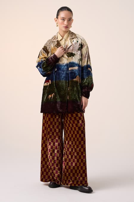 Shop_Cord_Multi Color Velvet Collared Village Print Jacket And Pant Set _Online_at_Aza_Fashions