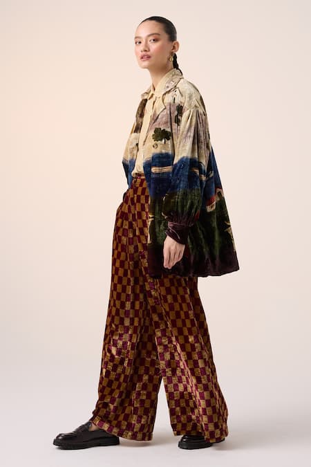 Cord_Multi Color Velvet Collared Village Print Jacket And Pant Set _at_Aza_Fashions