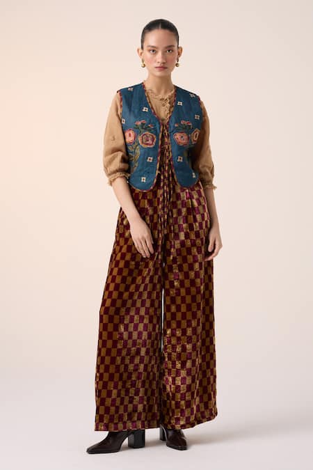 Shop_Cord_Maroon Velvet Chequered Print Pant _at_Aza_Fashions