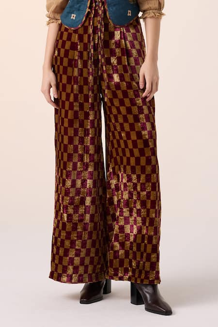 Cord_Maroon Velvet Chequered Print Pant _Online_at_Aza_Fashions