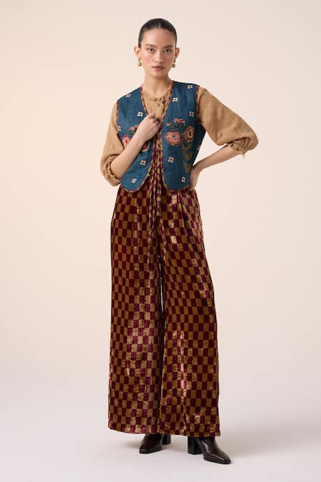 Buy_Cord_Maroon Velvet Chequered Print Pant _Online_at_Aza_Fashions