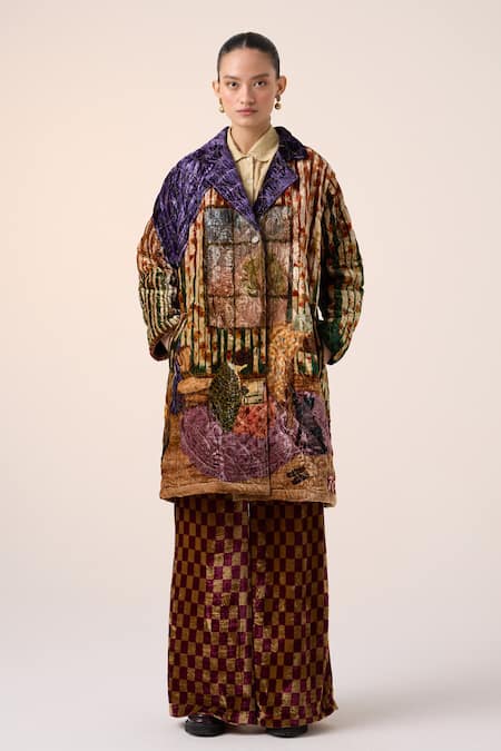 Cord_Multi Color Velvet Collared Quilted Home Alone Print Jacket _Online_at_Aza_Fashions