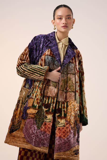 Buy_Cord_Multi Color Velvet Collared Quilted Home Alone Print Jacket _Online_at_Aza_Fashions