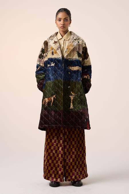 Shop_Cord_Multi Color Velvet Embroidery Collared Quilted Village Print Jacket _at_Aza_Fashions