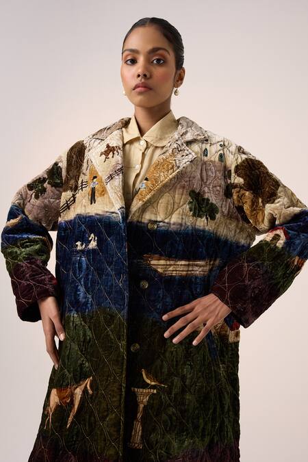 Cord_Multi Color Velvet Embroidery Collared Quilted Village Print Jacket _Online_at_Aza_Fashions