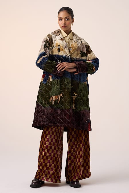 Buy_Cord_Multi Color Velvet Embroidery Collared Quilted Village Print Jacket _Online_at_Aza_Fashions