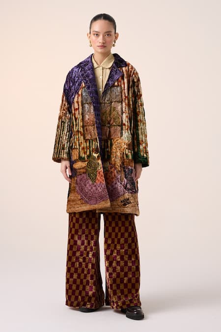 Shop Cord Multi Color Velvet Embroidery Collared Quilted Jacket And Pant Set at Aza Fashions Shop_Cord_Multi Color Velvet Embroidery Collared Quilted Jacket And Pant Set _at_Aza_Fashions