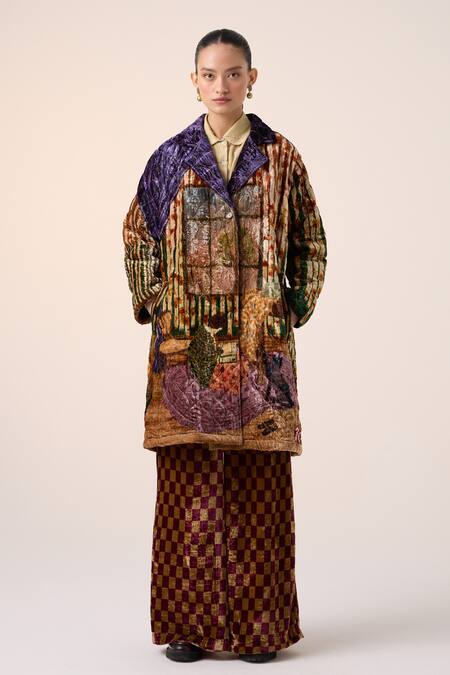 Buy Cord Multi Color Velvet Embroidery Collared Quilted Jacket And Pant Set Online at Aza Fashions Buy_Cord_Multi Color Velvet Embroidery Collared Quilted Jacket And Pant Set _Online_at_Aza_Fashions